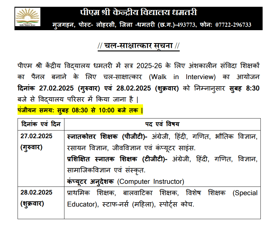 KVS Dhamtari Recruitment 2025