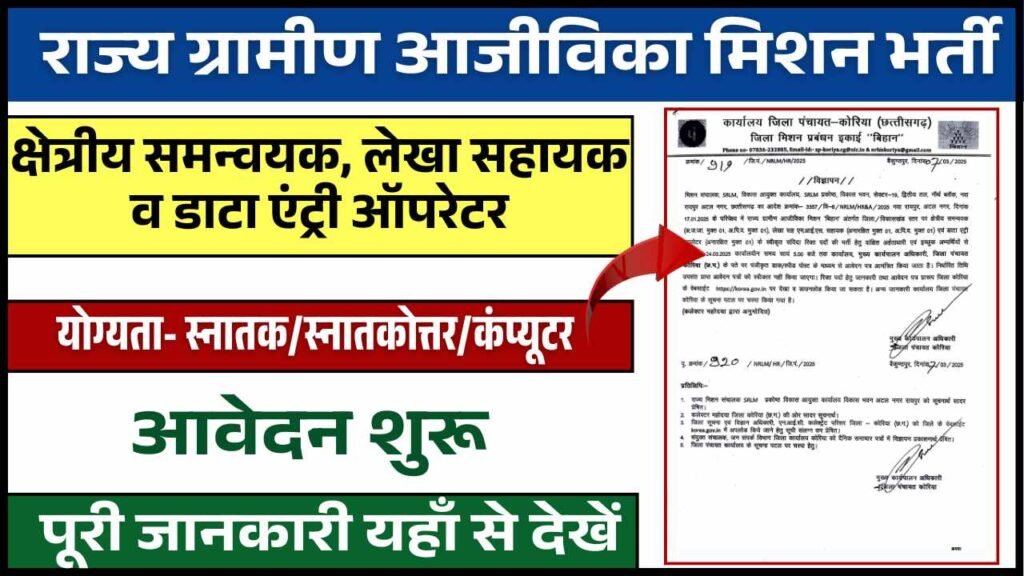 Chhattisgarh NRLM Korea Recruitment 2025: राज्य ग्रामीण विकास विभाग कोरिया जिले में विभिन्न पदों पर भर्ती,Apply Now