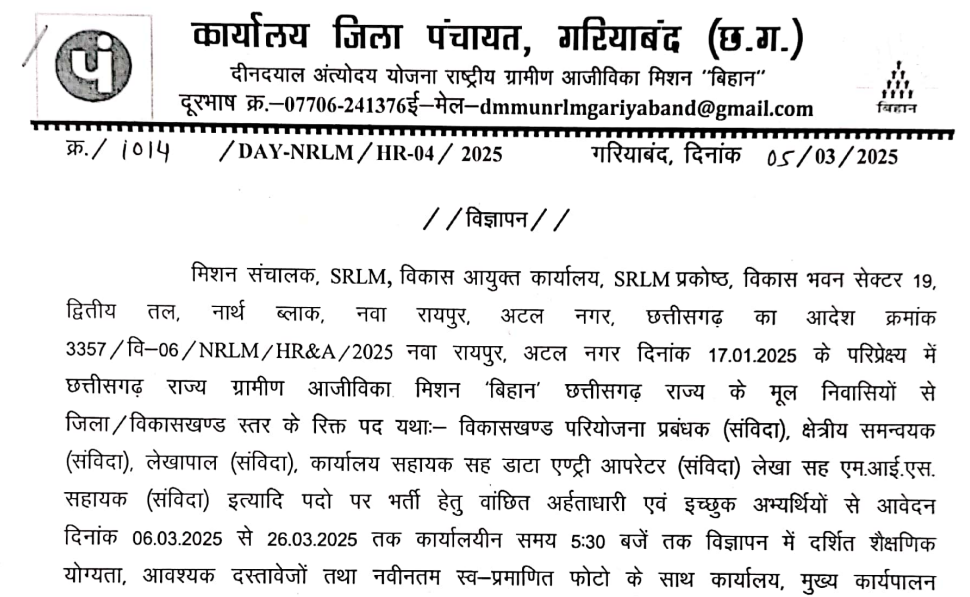 Zila Panchayat Gariaband Recruitment 2025