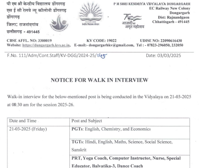 KVS Dongargarh Recruitment 2025